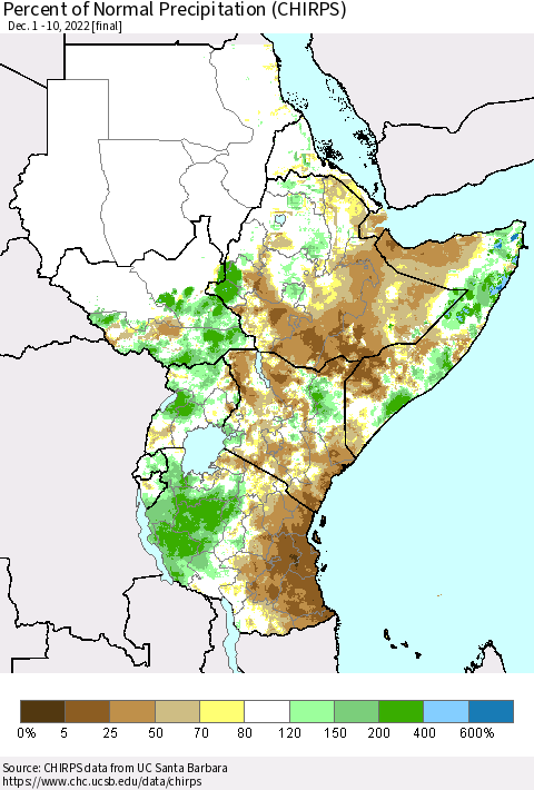 Eastern Africa Percent of Normal Precipitation (CHIRPS) Thematic Map For 12/1/2022 - 12/10/2022