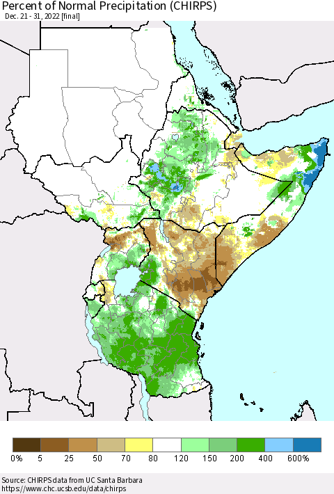 Eastern Africa Percent of Normal Precipitation (CHIRPS) Thematic Map For 12/21/2022 - 12/31/2022