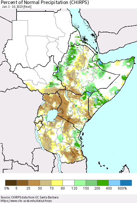 Eastern Africa Percent of Normal Precipitation (CHIRPS) Thematic Map For 1/1/2023 - 1/10/2023