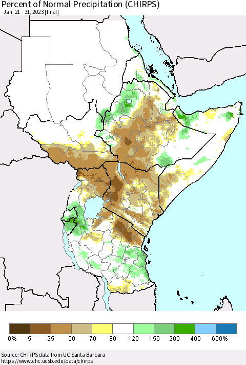 Eastern Africa Percent of Normal Precipitation (CHIRPS) Thematic Map For 1/21/2023 - 1/31/2023