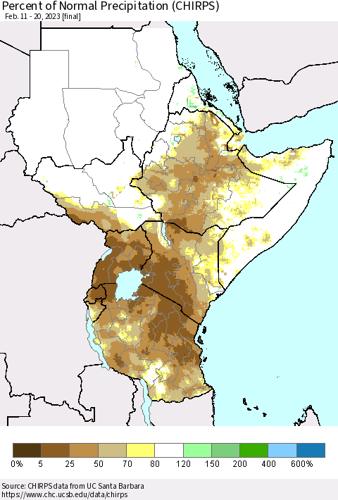 Eastern Africa Percent of Normal Precipitation (CHIRPS) Thematic Map For 2/11/2023 - 2/20/2023