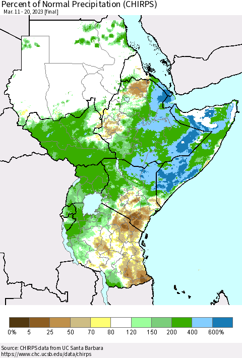 Eastern Africa Percent of Normal Precipitation (CHIRPS) Thematic Map For 3/11/2023 - 3/20/2023