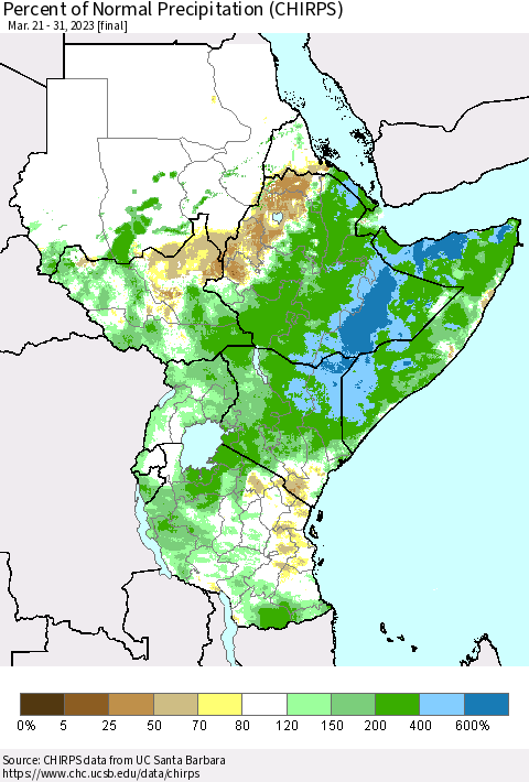 Eastern Africa Percent of Normal Precipitation (CHIRPS) Thematic Map For 3/21/2023 - 3/31/2023