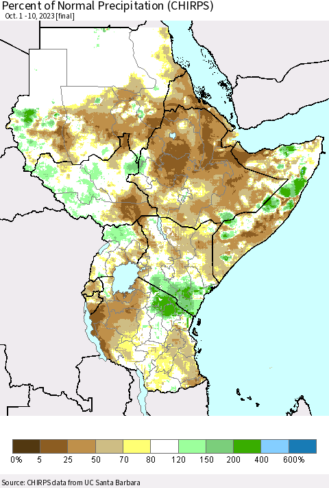 Eastern Africa Percent of Normal Precipitation (CHIRPS) Thematic Map For 10/1/2023 - 10/10/2023