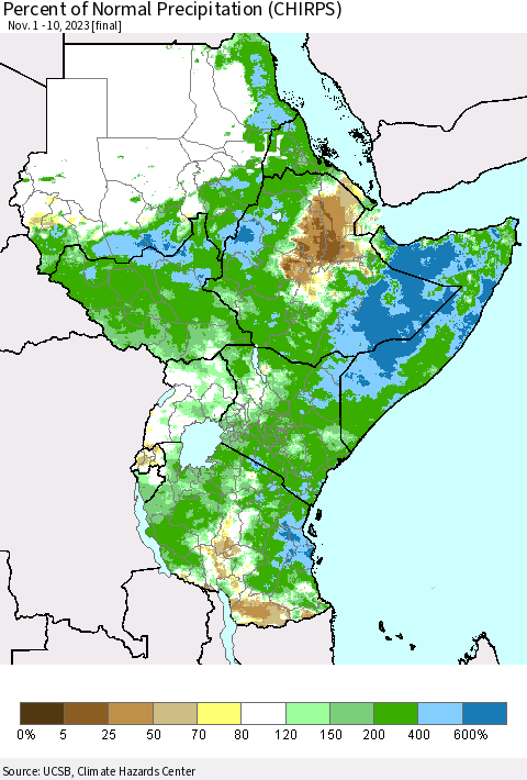 Eastern Africa Percent of Normal Precipitation (CHIRPS) Thematic Map For 11/1/2023 - 11/10/2023