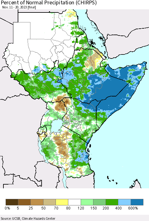Eastern Africa Percent of Normal Precipitation (CHIRPS) Thematic Map For 11/11/2023 - 11/20/2023