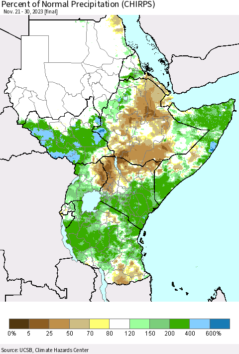 Eastern Africa Percent of Normal Precipitation (CHIRPS) Thematic Map For 11/21/2023 - 11/30/2023