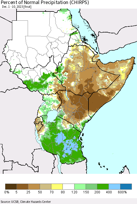 Eastern Africa Percent of Normal Precipitation (CHIRPS) Thematic Map For 12/1/2023 - 12/10/2023