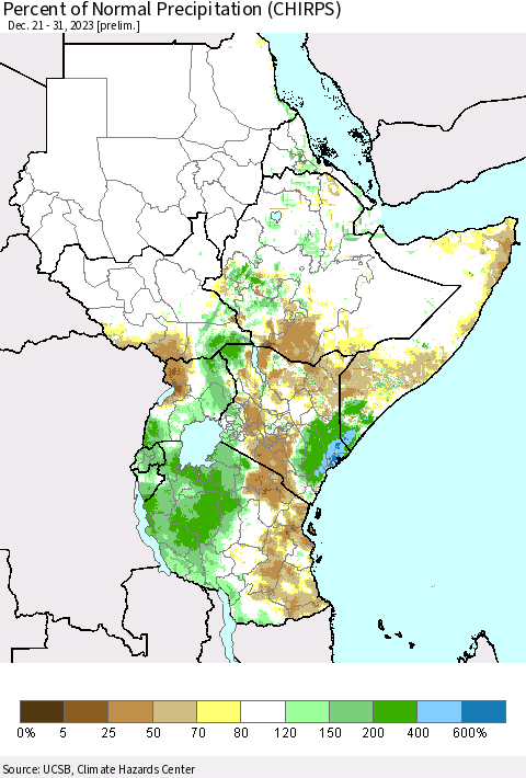 Eastern Africa Percent of Normal Precipitation (CHIRPS) Thematic Map For 12/21/2023 - 12/31/2023