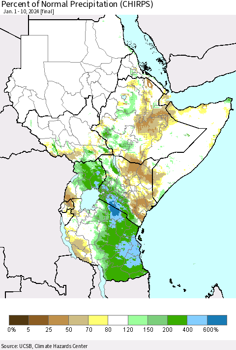 Eastern Africa Percent of Normal Precipitation (CHIRPS) Thematic Map For 1/1/2024 - 1/10/2024