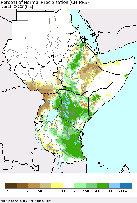 Eastern Africa Percent of Normal Precipitation (CHIRPS) Thematic Map For 1/11/2024 - 1/20/2024