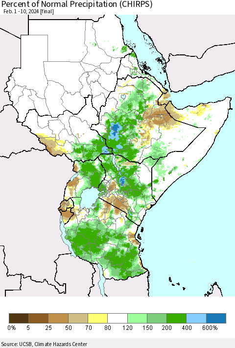Eastern Africa Percent of Normal Precipitation (CHIRPS) Thematic Map For 2/1/2024 - 2/10/2024