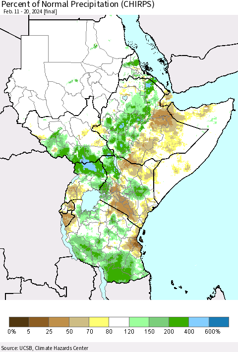 Eastern Africa Percent of Normal Precipitation (CHIRPS) Thematic Map For 2/11/2024 - 2/20/2024