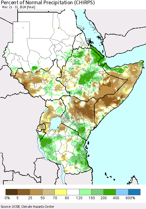 Eastern Africa Percent of Normal Precipitation (CHIRPS) Thematic Map For 3/21/2024 - 3/31/2024