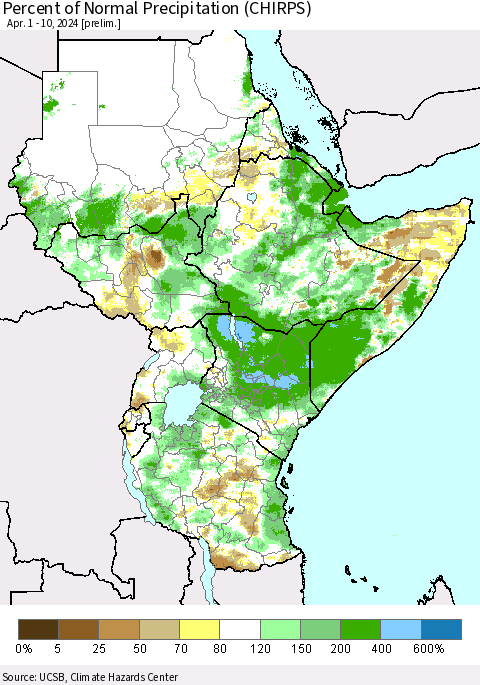 Eastern Africa Percent of Normal Precipitation (CHIRPS) Thematic Map For 4/1/2024 - 4/10/2024