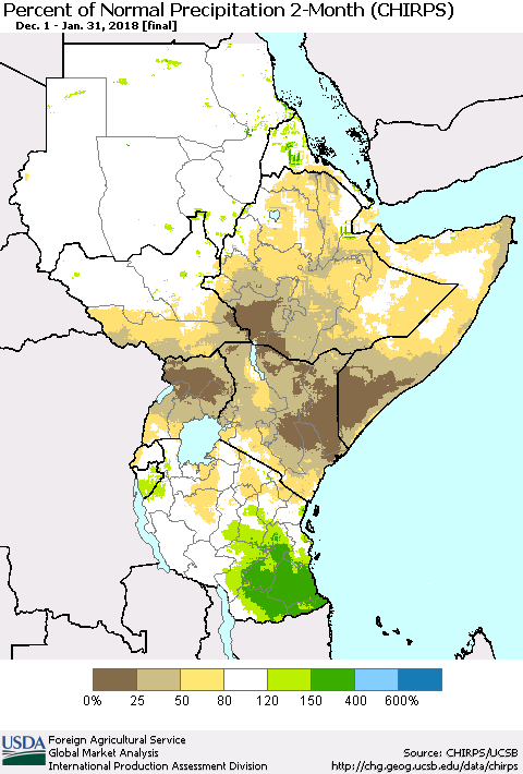 Eastern Africa Percent of Normal Precipitation 2-Month (CHIRPS) Thematic Map For 12/1/2017 - 1/31/2018