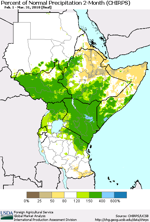 Eastern Africa Percent of Normal Precipitation 2-Month (CHIRPS) Thematic Map For 2/1/2018 - 3/31/2018