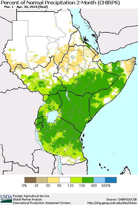 Eastern Africa Percent of Normal Precipitation 2-Month (CHIRPS) Thematic Map For 3/1/2018 - 4/30/2018
