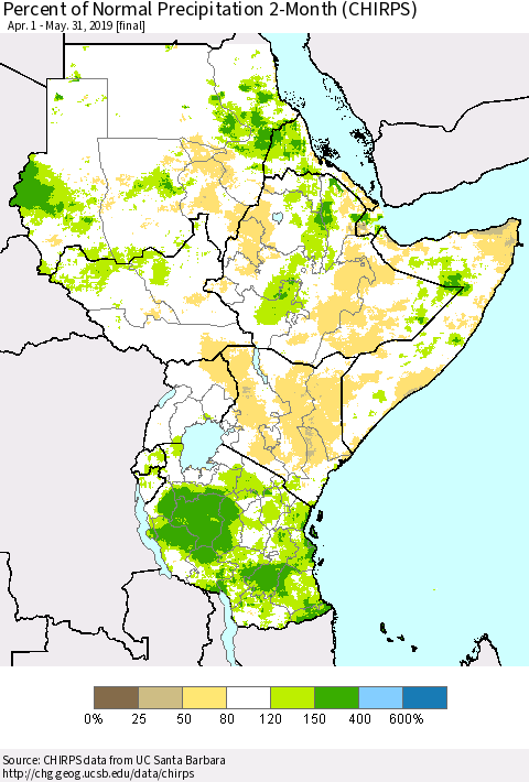 Eastern Africa Percent of Normal Precipitation 2-Month (CHIRPS) Thematic Map For 4/1/2019 - 5/31/2019