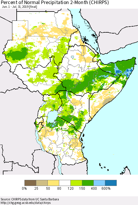 Eastern Africa Percent of Normal Precipitation 2-Month (CHIRPS) Thematic Map For 6/1/2019 - 7/31/2019