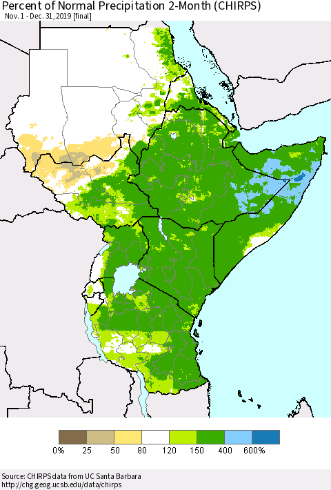 Eastern Africa Percent of Normal Precipitation 2-Month (CHIRPS) Thematic Map For 11/1/2019 - 12/31/2019