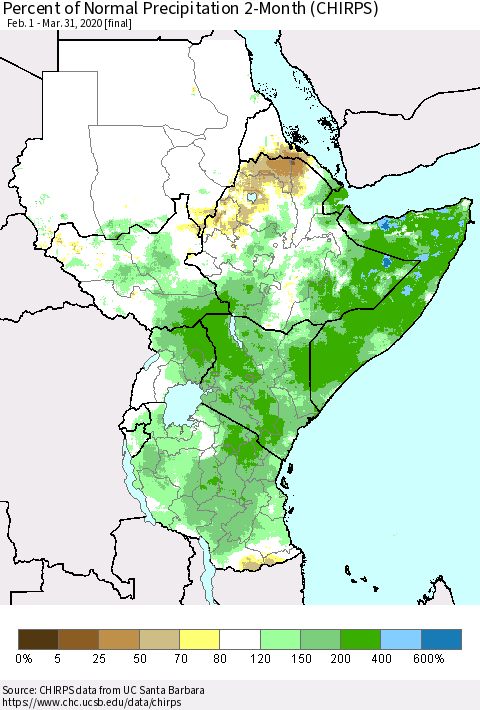 Eastern Africa Percent of Normal Precipitation 2-Month (CHIRPS) Thematic Map For 2/1/2020 - 3/31/2020