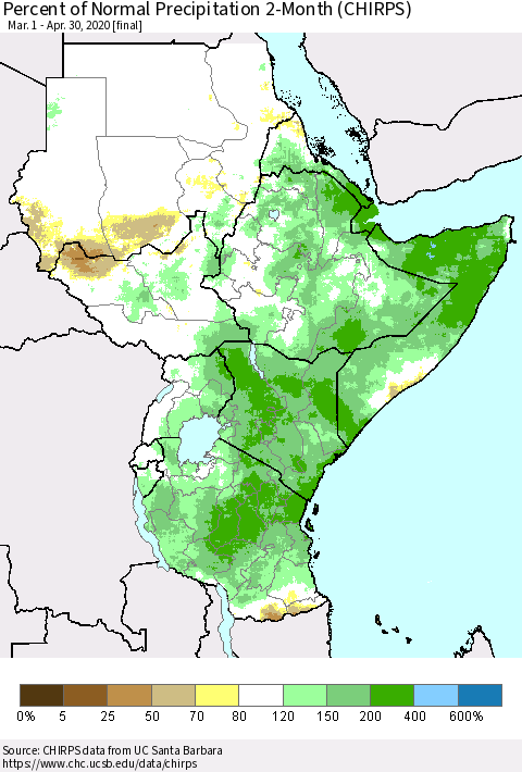 Eastern Africa Percent of Normal Precipitation 2-Month (CHIRPS) Thematic Map For 3/1/2020 - 4/30/2020