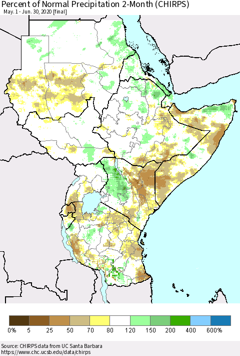 Eastern Africa Percent of Normal Precipitation 2-Month (CHIRPS) Thematic Map For 5/1/2020 - 6/30/2020