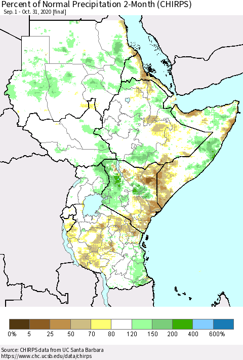 Eastern Africa Percent of Normal Precipitation 2-Month (CHIRPS) Thematic Map For 9/1/2020 - 10/31/2020