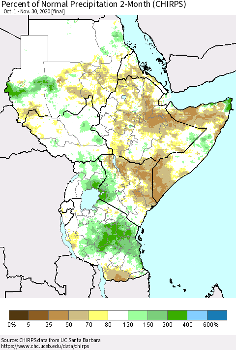 Eastern Africa Percent of Normal Precipitation 2-Month (CHIRPS) Thematic Map For 10/1/2020 - 11/30/2020