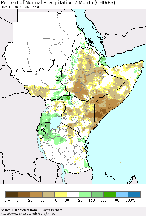 Eastern Africa Percent of Normal Precipitation 2-Month (CHIRPS) Thematic Map For 12/1/2020 - 1/31/2021