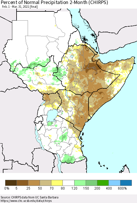 Eastern Africa Percent of Normal Precipitation 2-Month (CHIRPS) Thematic Map For 2/1/2021 - 3/31/2021