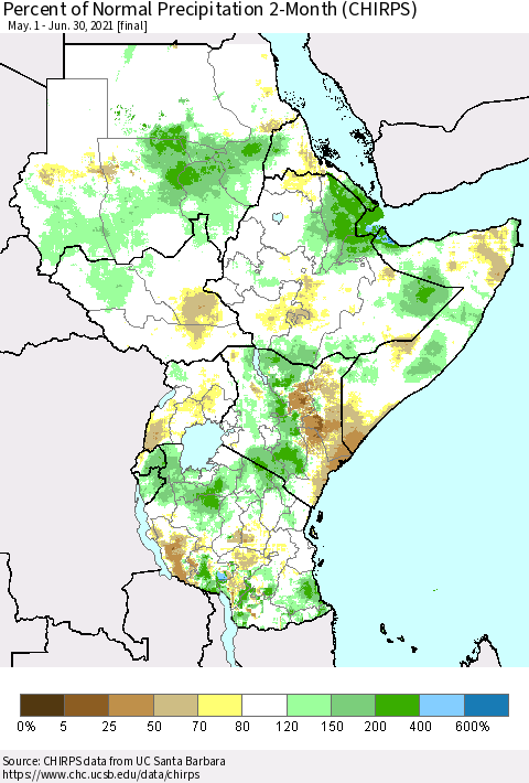 Eastern Africa Percent of Normal Precipitation 2-Month (CHIRPS) Thematic Map For 5/1/2021 - 6/30/2021