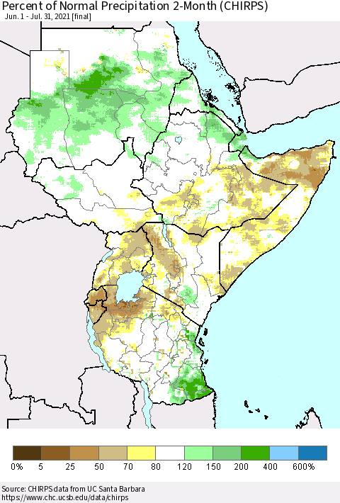 Eastern Africa Percent of Normal Precipitation 2-Month (CHIRPS) Thematic Map For 6/1/2021 - 7/31/2021