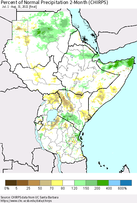 Eastern Africa Percent of Normal Precipitation 2-Month (CHIRPS) Thematic Map For 7/1/2021 - 8/31/2021