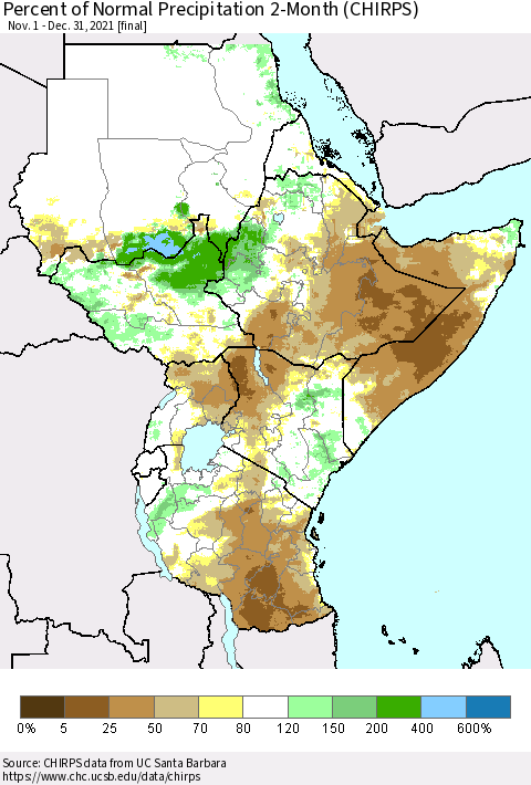 Eastern Africa Percent of Normal Precipitation 2-Month (CHIRPS) Thematic Map For 11/1/2021 - 12/31/2021
