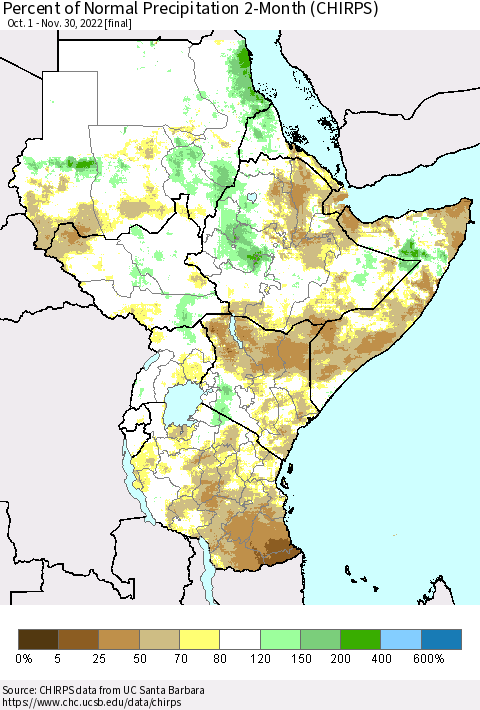 Eastern Africa Percent of Normal Precipitation 2-Month (CHIRPS) Thematic Map For 10/1/2022 - 11/30/2022