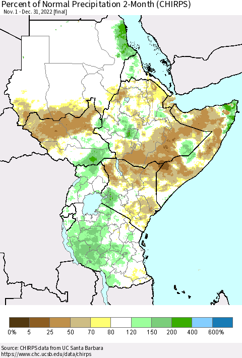 Eastern Africa Percent of Normal Precipitation 2-Month (CHIRPS) Thematic Map For 11/1/2022 - 12/31/2022