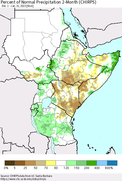 Eastern Africa Percent of Normal Precipitation 2-Month (CHIRPS) Thematic Map For 12/1/2022 - 1/31/2023