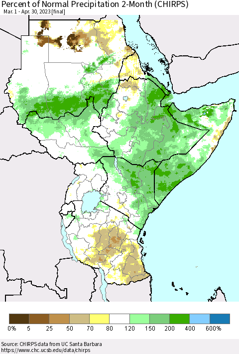 Eastern Africa Percent of Normal Precipitation 2-Month (CHIRPS) Thematic Map For 3/1/2023 - 4/30/2023