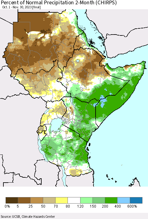 Eastern Africa Percent of Normal Precipitation 2-Month (CHIRPS) Thematic Map For 10/1/2023 - 11/30/2023