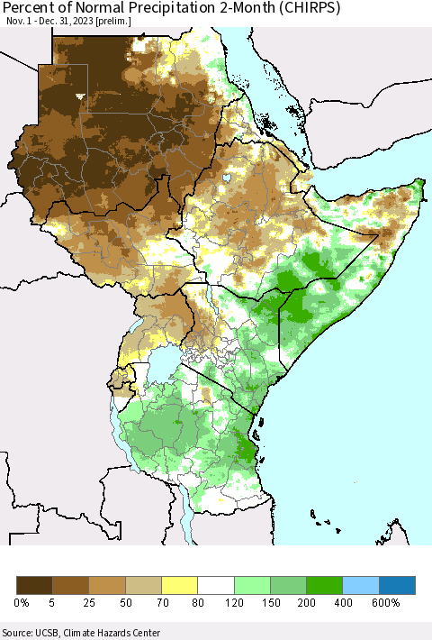 Eastern Africa Percent of Normal Precipitation 2-Month (CHIRPS) Thematic Map For 11/1/2023 - 12/31/2023