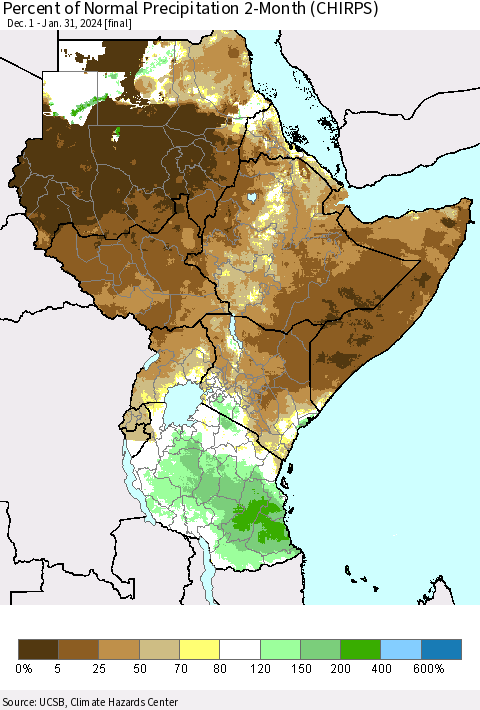Eastern Africa Percent of Normal Precipitation 2-Month (CHIRPS) Thematic Map For 12/1/2023 - 1/31/2024