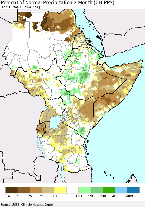 Eastern Africa Percent of Normal Precipitation 2-Month (CHIRPS) Thematic Map For 2/1/2024 - 3/31/2024