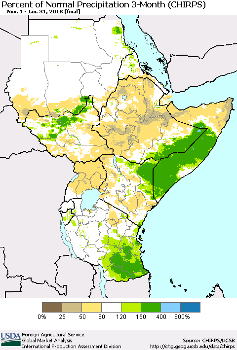 Eastern Africa Percent of Normal Precipitation 3-Month (CHIRPS) Thematic Map For 11/1/2017 - 1/31/2018