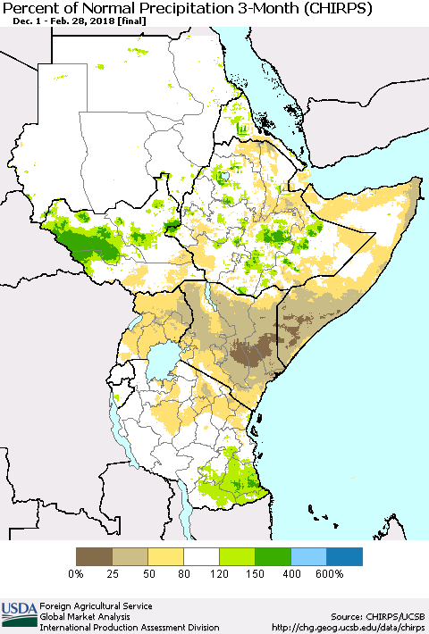 Eastern Africa Percent of Normal Precipitation 3-Month (CHIRPS) Thematic Map For 12/1/2017 - 2/28/2018