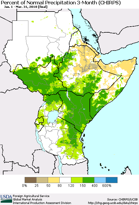 Eastern Africa Percent of Normal Precipitation 3-Month (CHIRPS) Thematic Map For 1/1/2018 - 3/31/2018