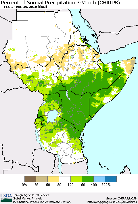 Eastern Africa Percent of Normal Precipitation 3-Month (CHIRPS) Thematic Map For 2/1/2018 - 4/30/2018