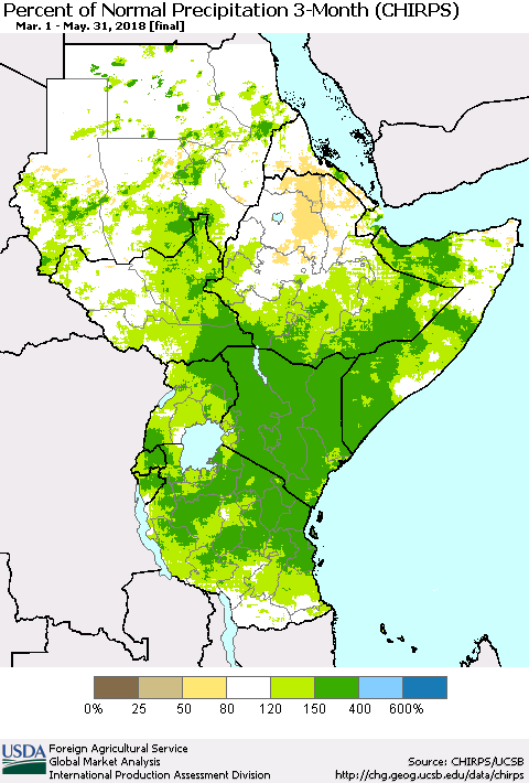 Eastern Africa Percent of Normal Precipitation 3-Month (CHIRPS) Thematic Map For 3/1/2018 - 5/31/2018