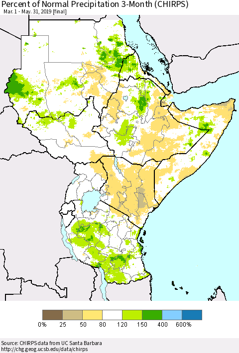 Eastern Africa Percent of Normal Precipitation 3-Month (CHIRPS) Thematic Map For 3/1/2019 - 5/31/2019